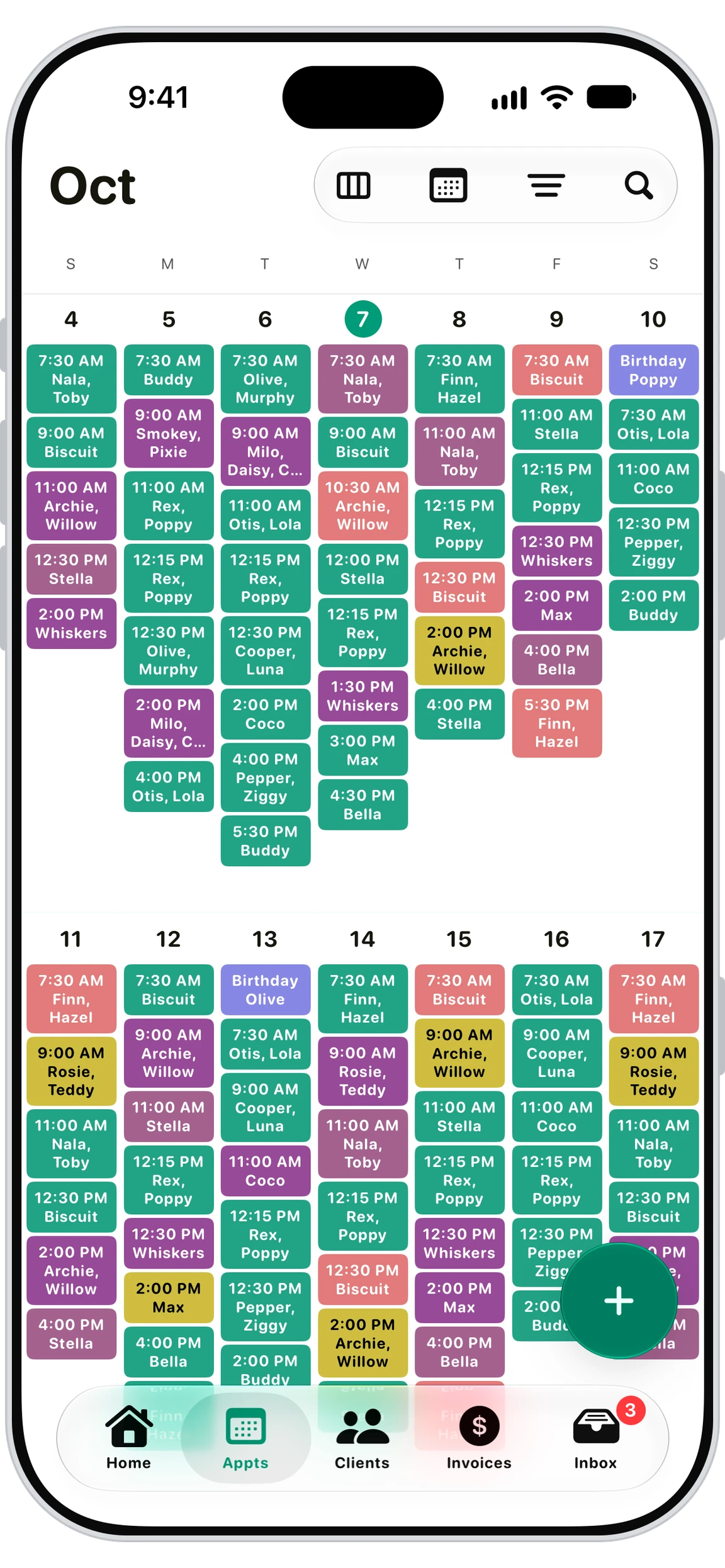 Walkies pet sitter app showing the appointments calendar